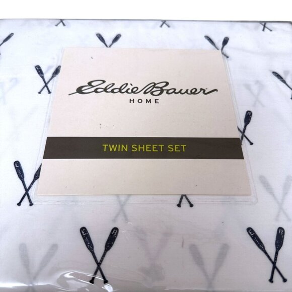 Eddie Bauer Twin Sheet Set Navy Blue Oars Nautical Print 100% Cotton Percale NWT - Picture 3 of 8